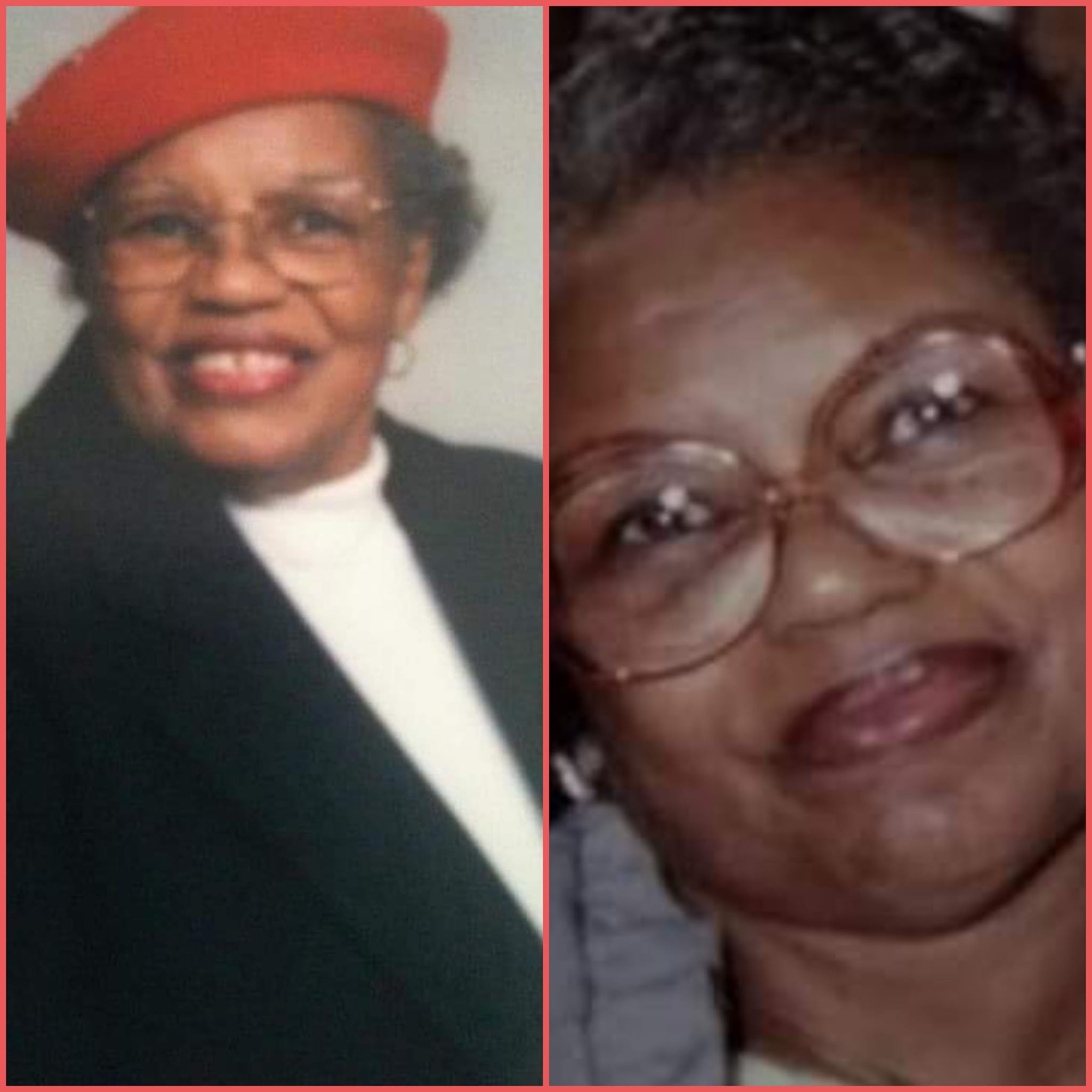 Miss Lucille in her later years, smiling warmly with glasses and a red hat