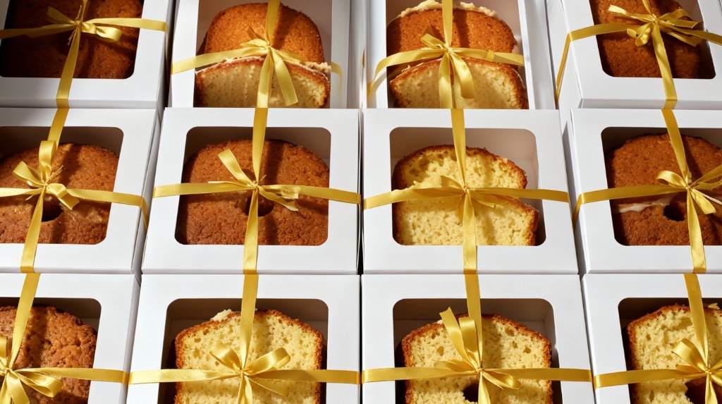 Rows of pound cakes in white boxes tied with gold ribbons
